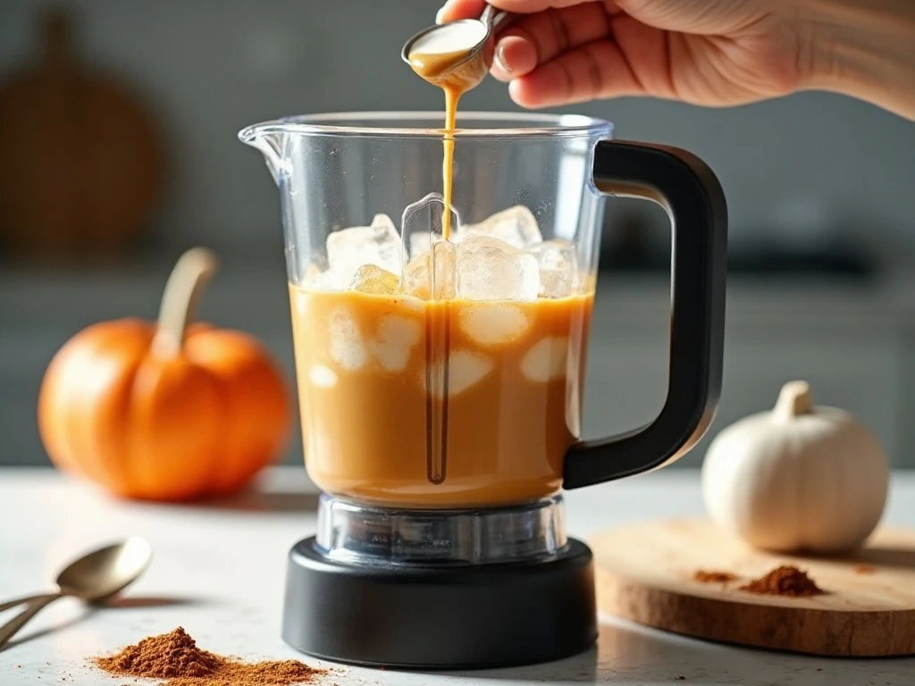Blending chilled coffee, pumpkin, milk, spice, and ice