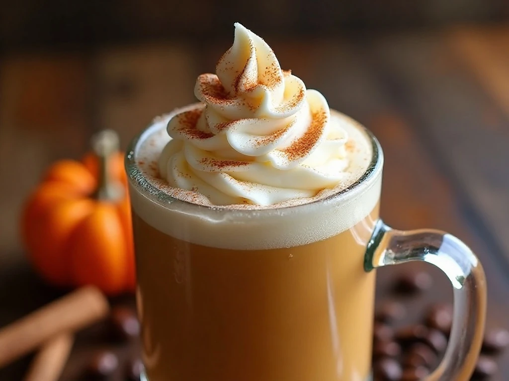 Whipped cream and pumpkin pie spice topping on frozen coffee
