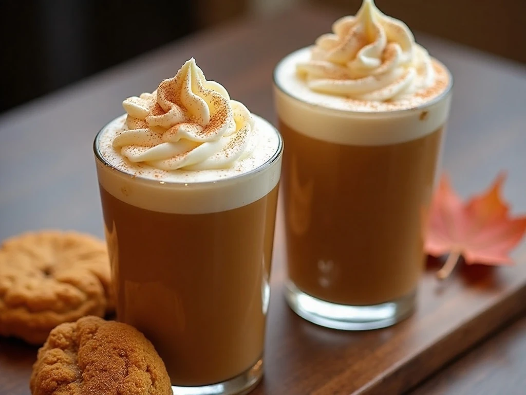 Frozen pumpkin spice coffee served with seasonal treats