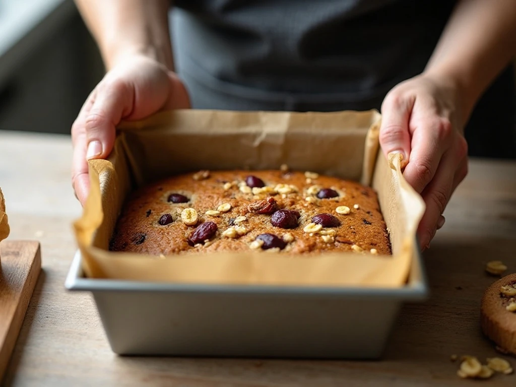 Pressing flapjack mixture into a lined baking tin