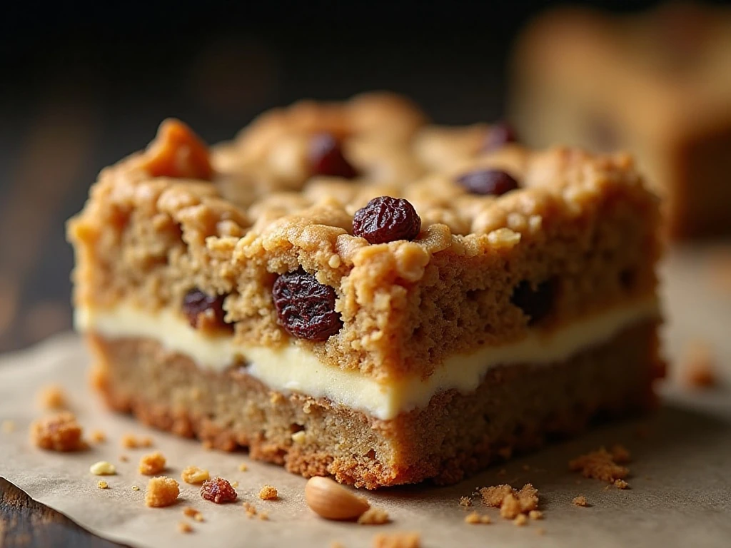 Close-up of chewy flapjack texture with fruit and nuts