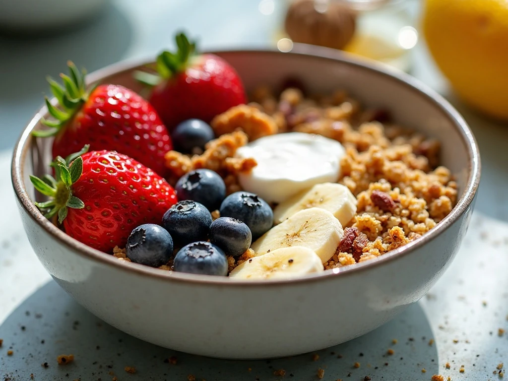 Fruit and honey breakfast power bowl with quinoa, yogurt, berries, banana, granola, chia seeds, and honey