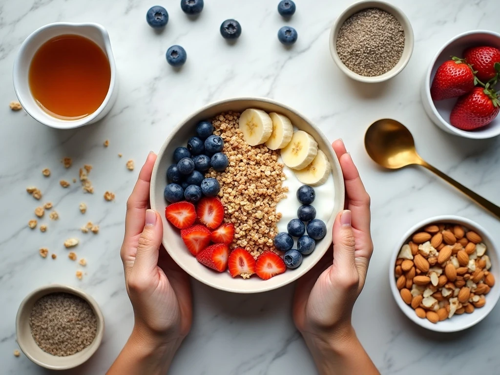 Ingredients for a fruit and honey breakfast power bowl