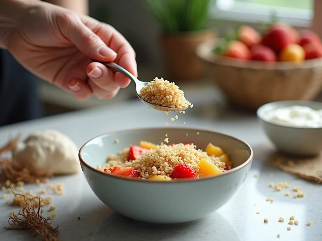 Assembling quinoa and yogurt for a fruit breakfast power bowl