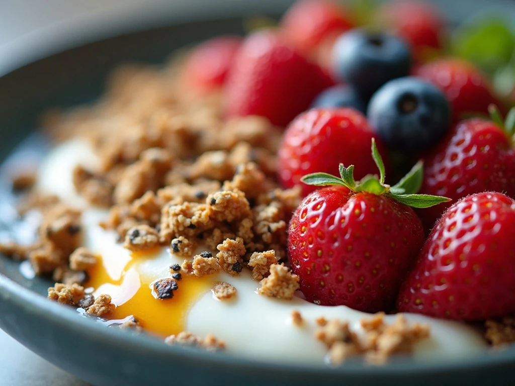 Granola, chia seeds, berries, and honey topping a breakfast bowl