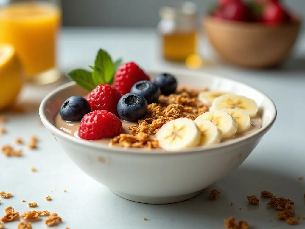 Fruit and honey breakfast power bowl with Greek yogurt and fresh berries