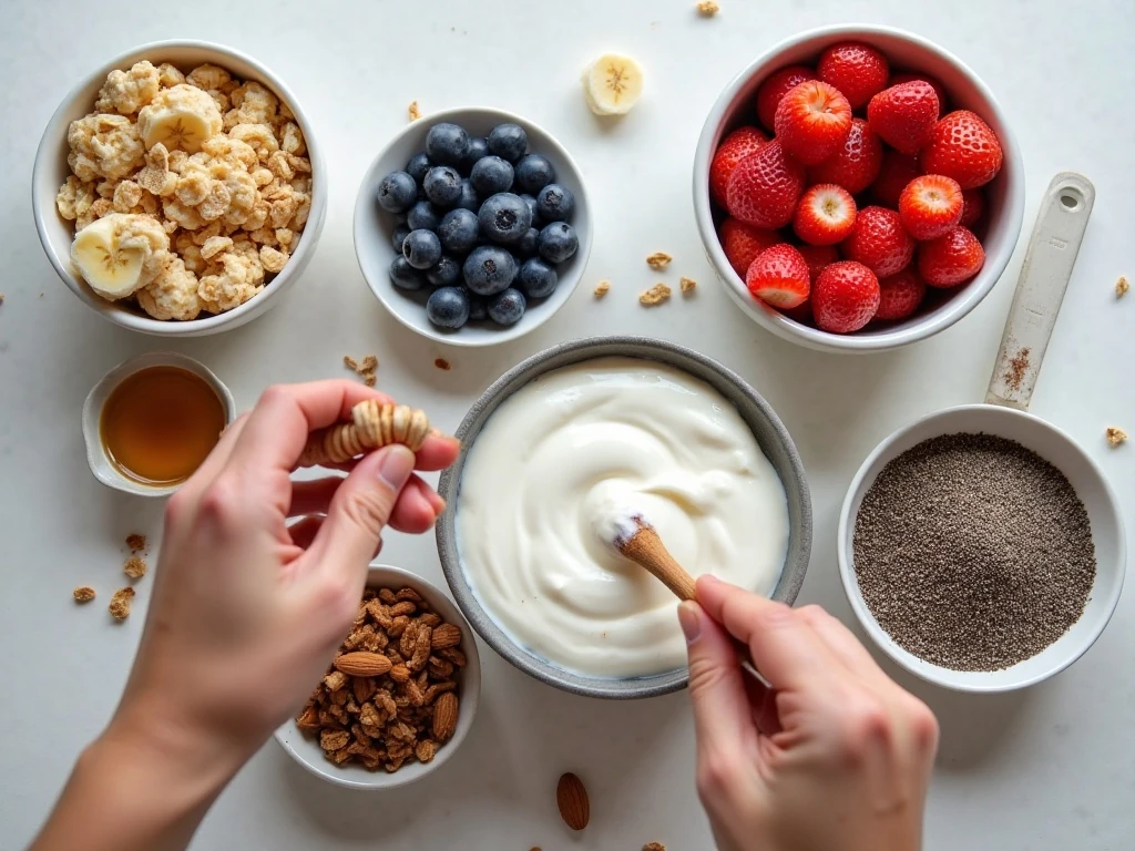 Measured ingredients for a fruit and honey breakfast power bowl