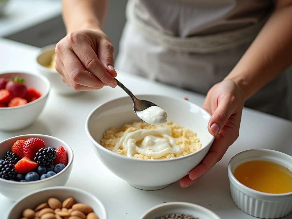 Assembling Greek yogurt and fruit for a breakfast power bowl