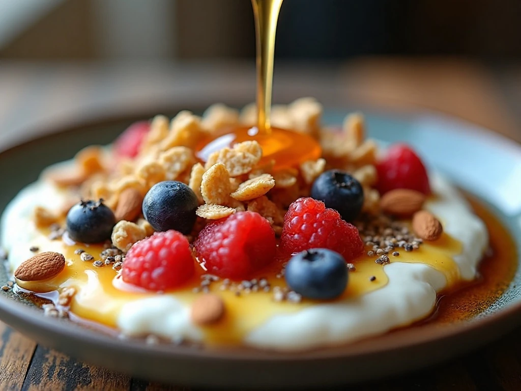 Honey drizzle and crunchy toppings on a yogurt breakfast bowl