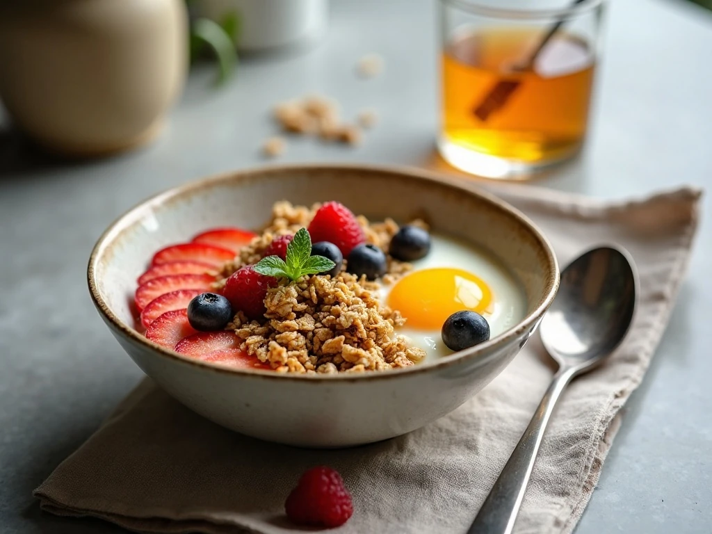 Freshly served fruit breakfast bowl with crisp granola