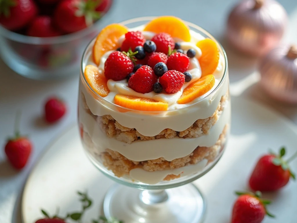 Colorful fruit salad trifle dessert in a glass bowl