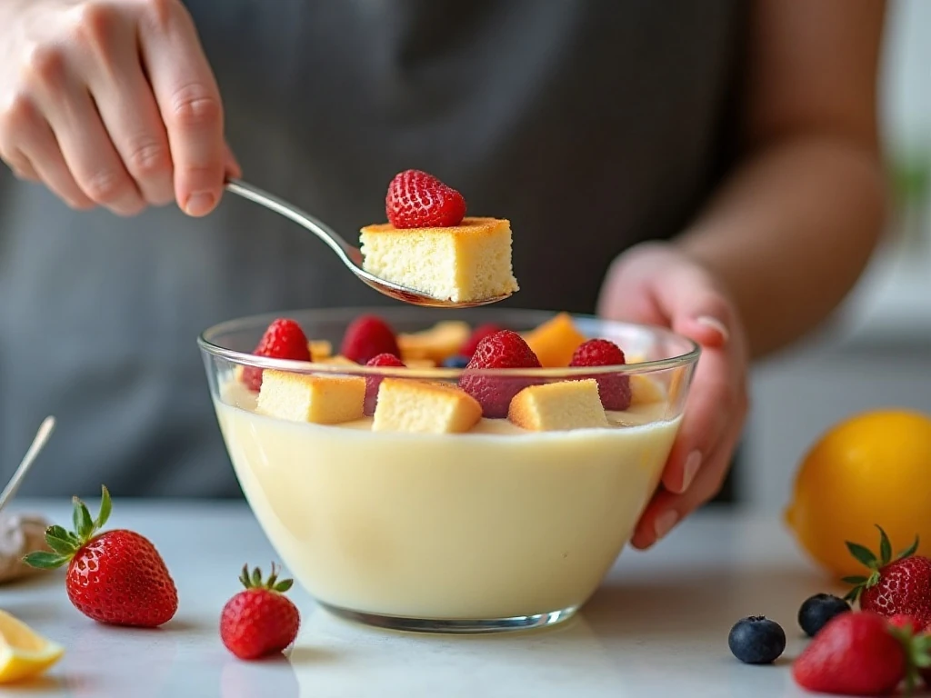 Layering cake fruit and pudding in a trifle bowl