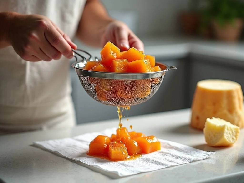 Draining fruit and preparing cake for trifle