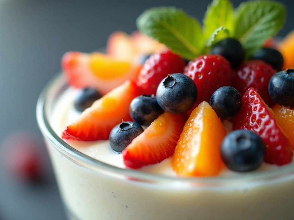 Fresh fruit and mint garnish on chilled trifle