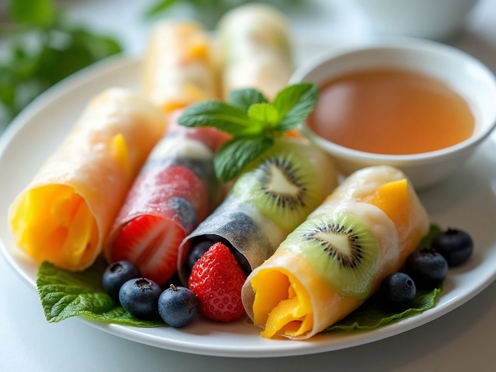 Colorful fresh fruit spring rolls served with honey-yogurt dipping sauce