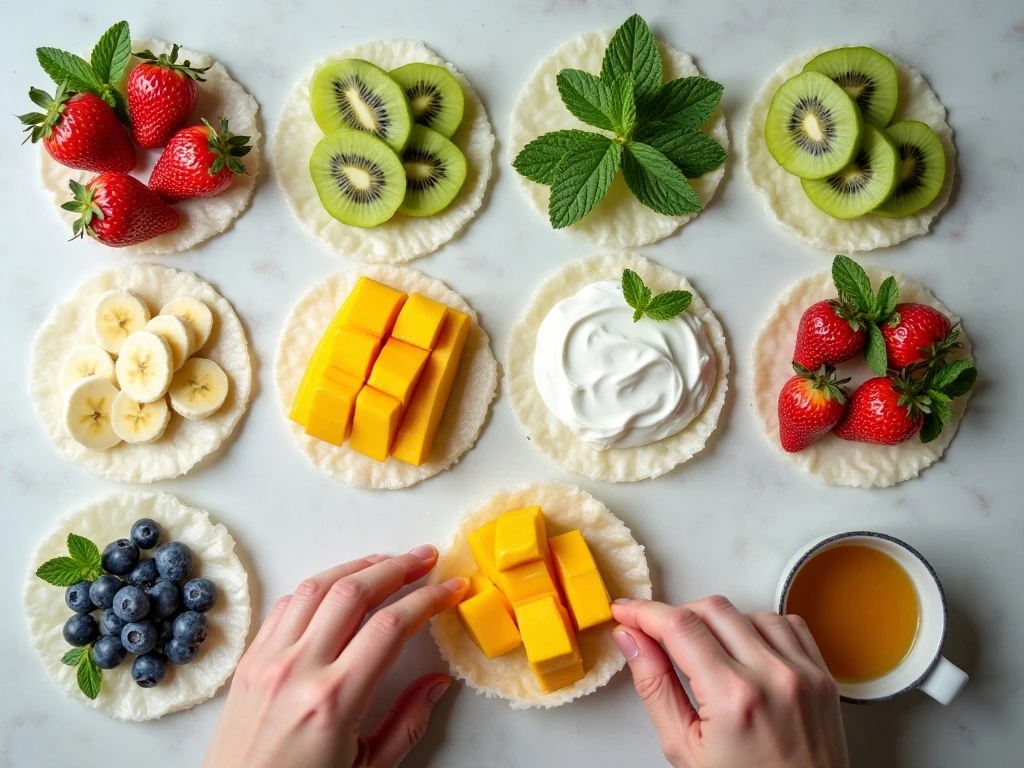 Ingredients for fresh fruit spring rolls and honey-yogurt sauce