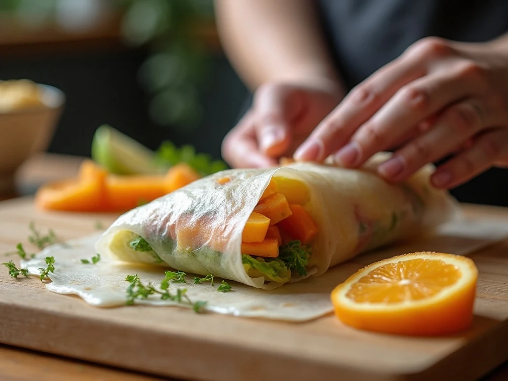 Carefully rolling a fruit spring roll without tearing the wrapper