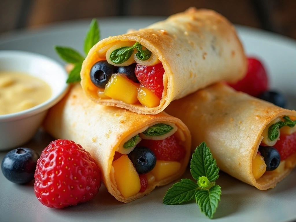 Close-up of fruit spring rolls showing colorful layered filling