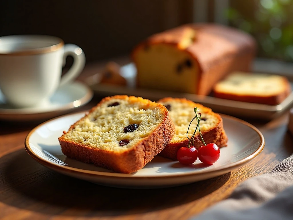 Sliced homemade fruitcake loaf served with tea