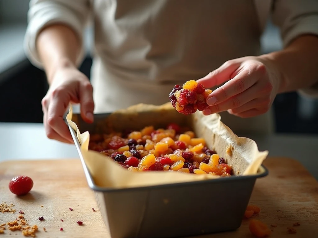 Folding dried fruit into fruitcake loaf batter