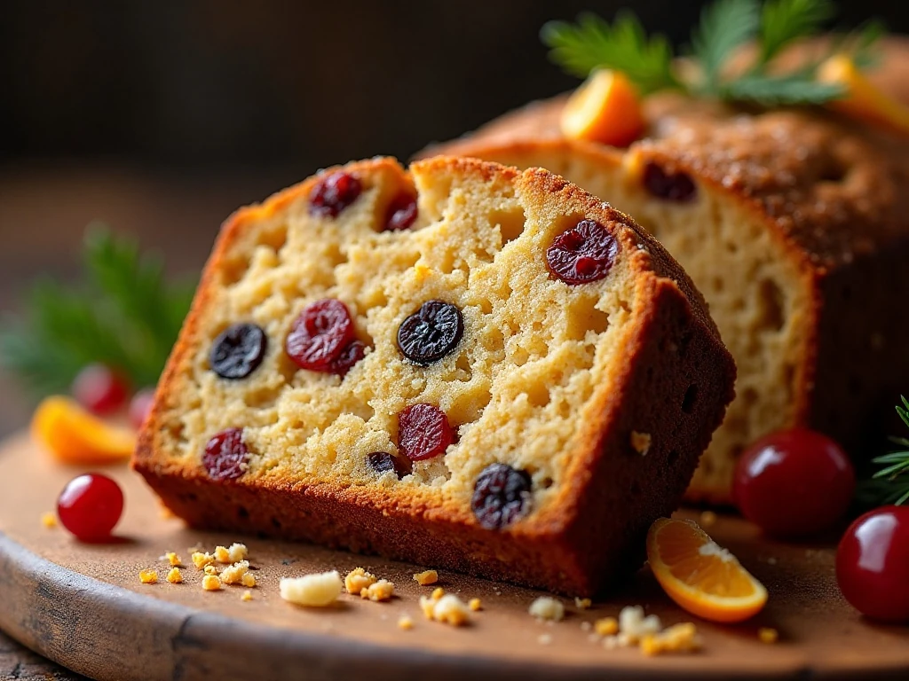 Moist fruitcake slice with mixed dried fruit and cherries