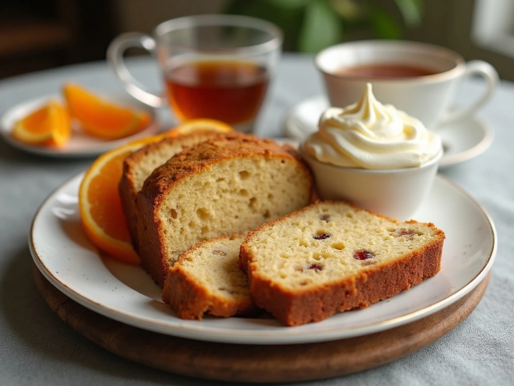 Fruitcake loaf slices served with cream and tea