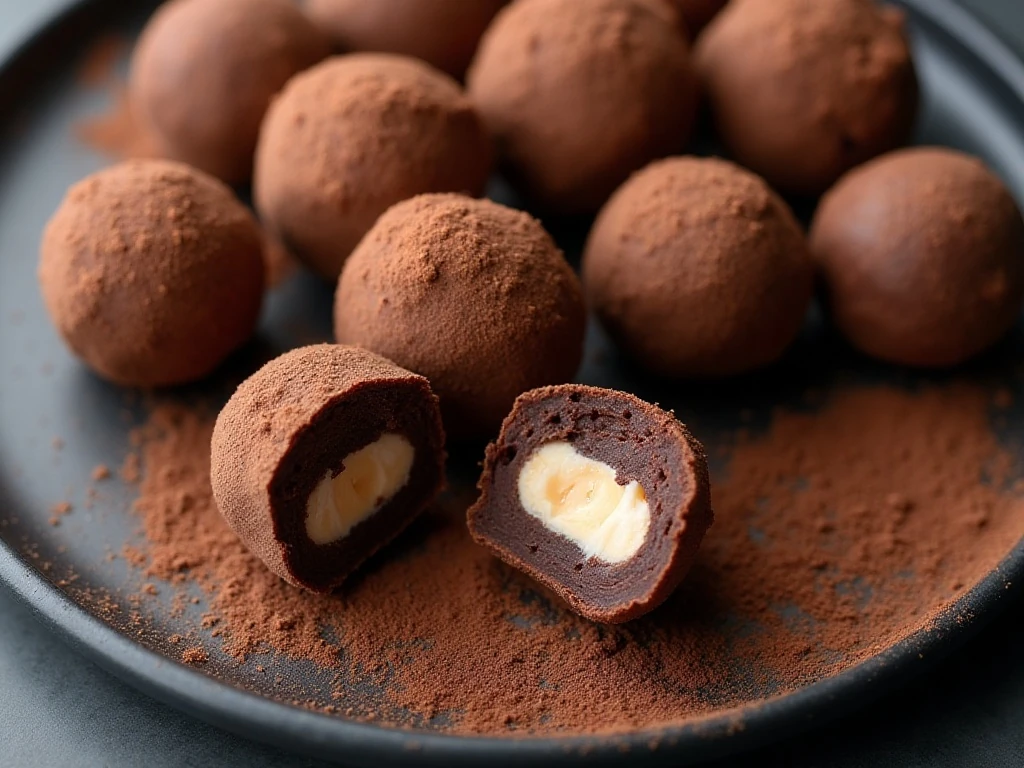 A platter of rich cocoa-dusted fudge chocolate truffles