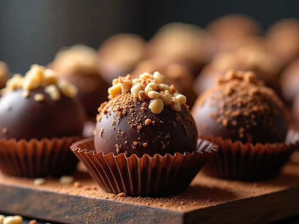 Chocolate truffles with cocoa, nuts, sprinkles, and sugar coatings