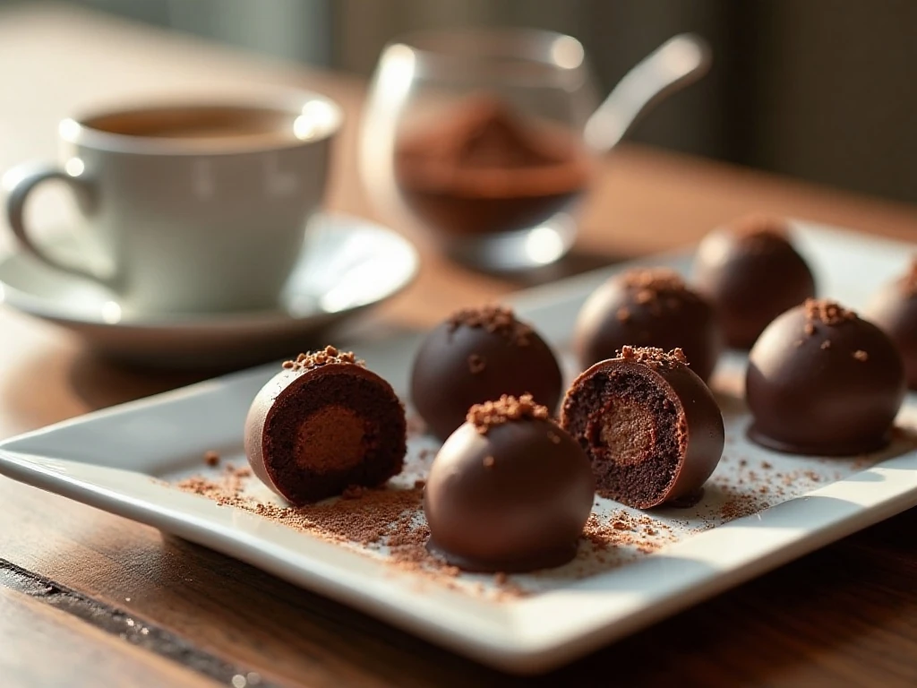 Fudge chocolate truffles served with espresso