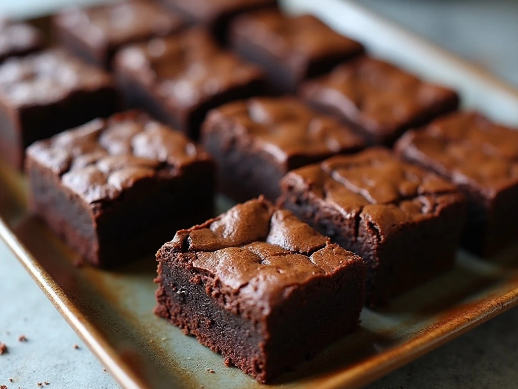 A platter of rich fudgy brownies with crackled tops