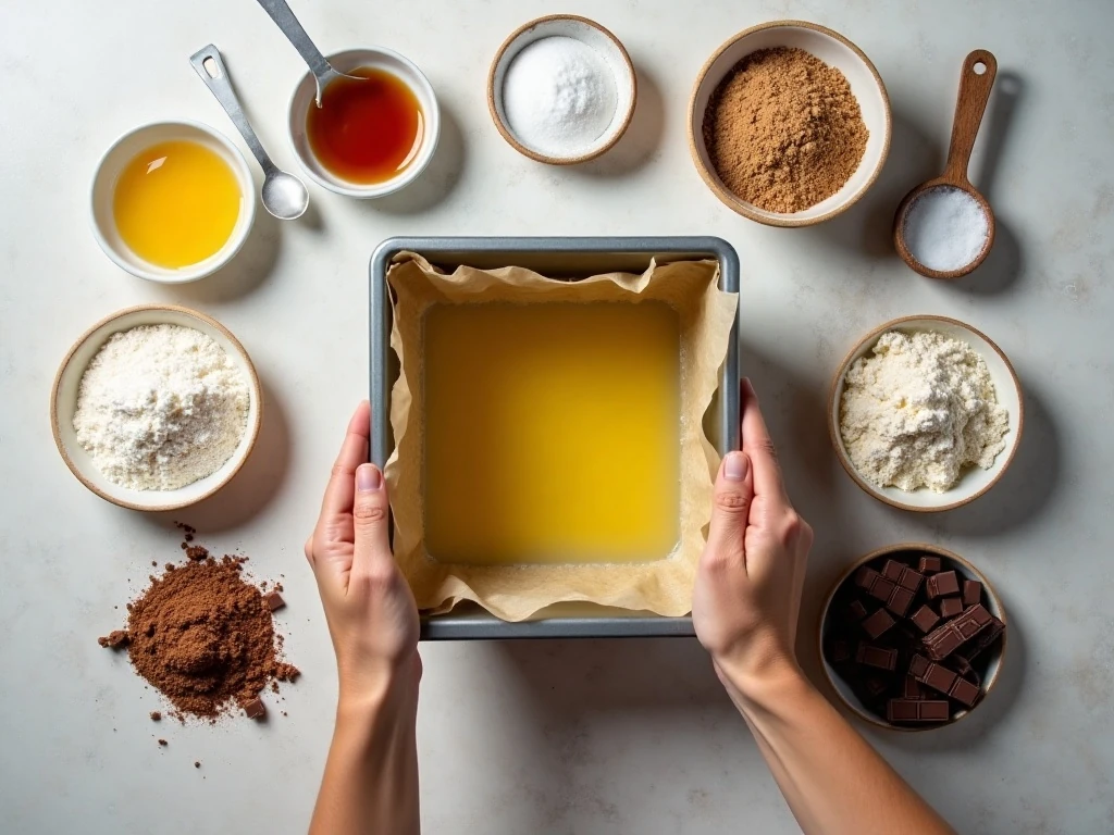 Ingredients for homemade fudgy brownies arranged beside a baking pan