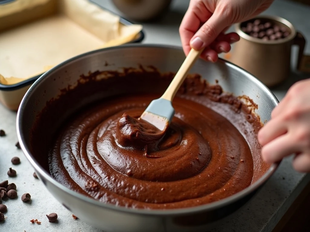 Thick chocolate brownie batter being folded with chocolate chips