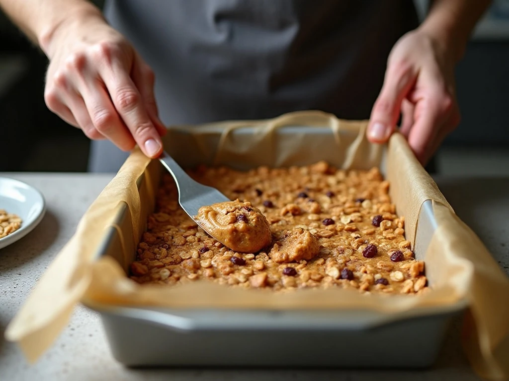 Pressing homemade protein bar mixture into a baking pan
