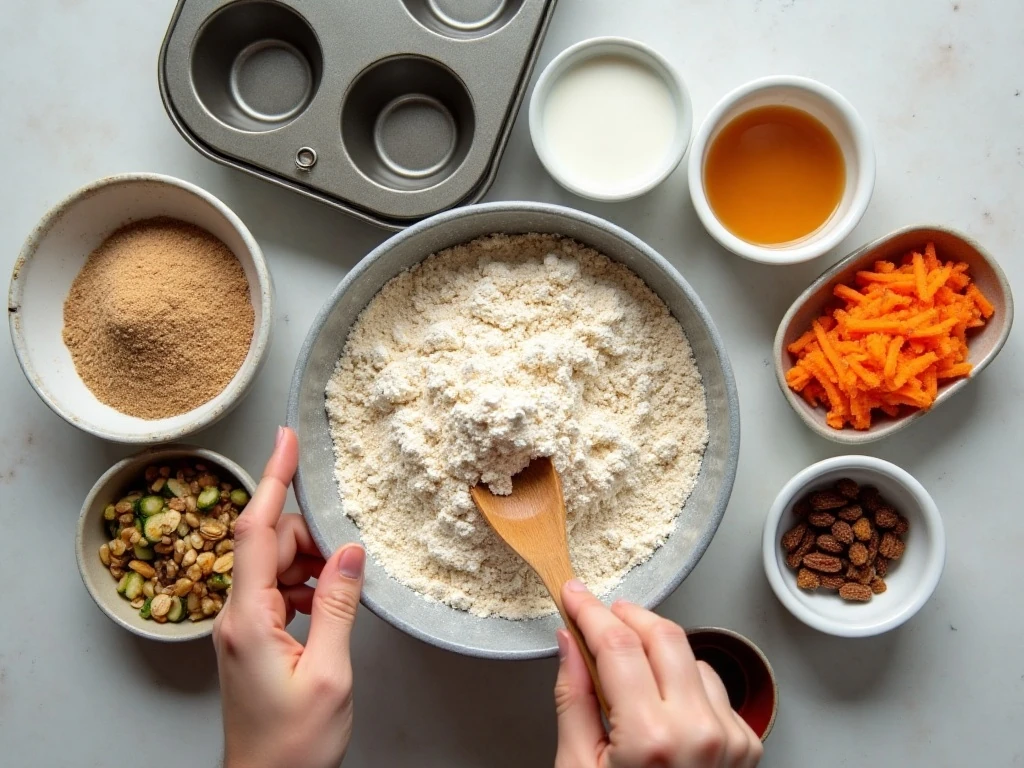 Ingredients for whole-wheat carrot zucchini Fuel-to-Go muffins