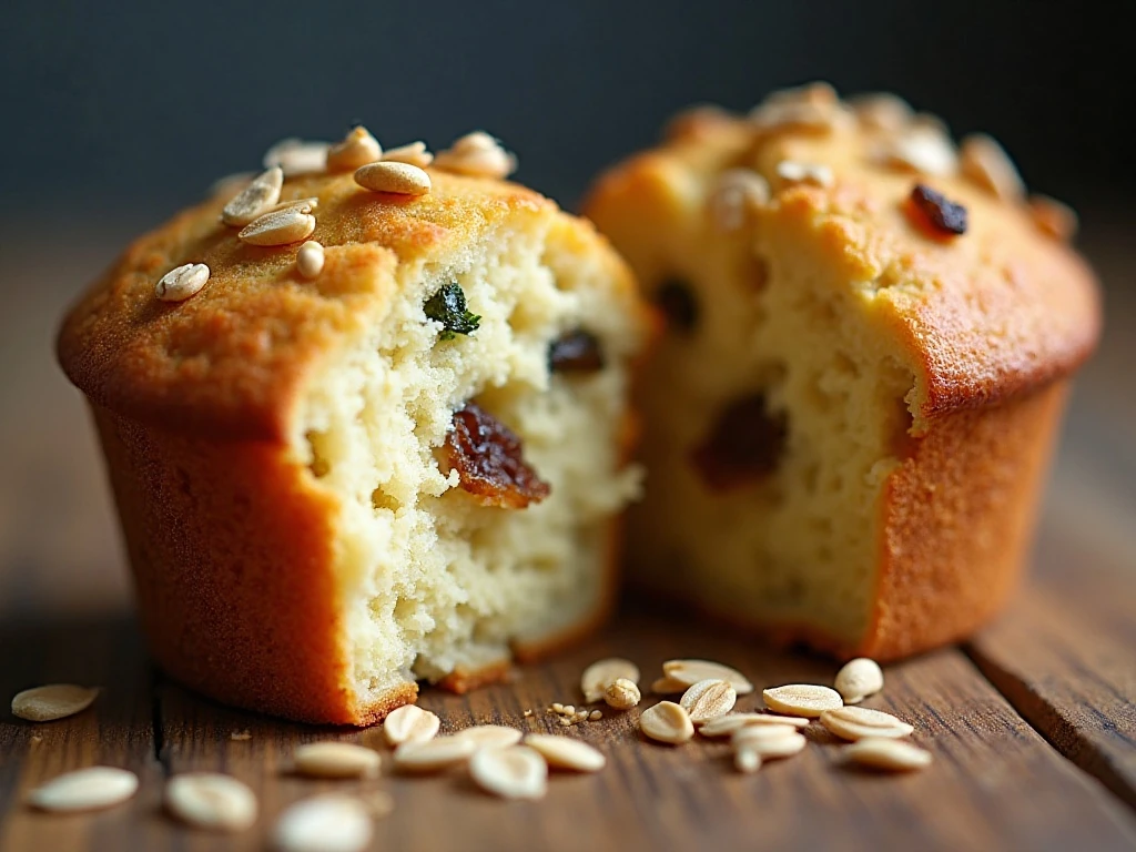 Close-up of the tender oat, carrot, zucchini, and raisin muffin crumb