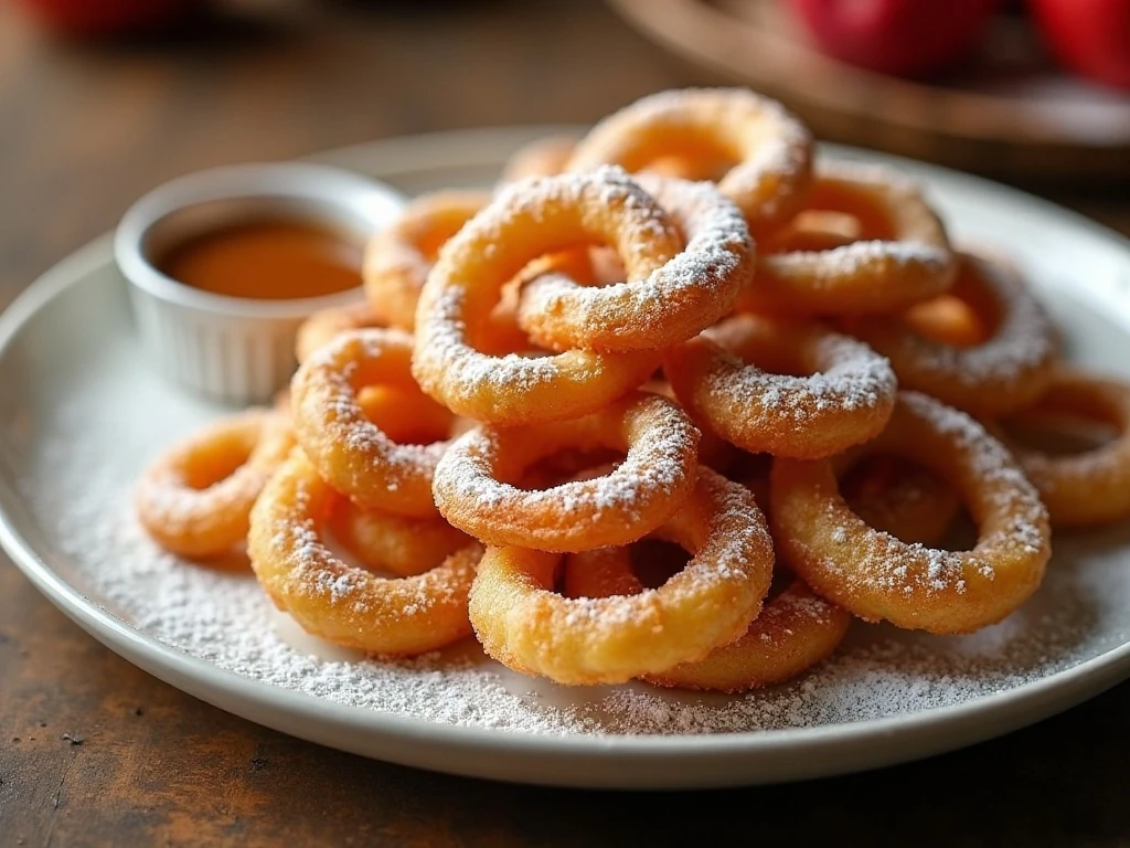 Golden funnel cake apple fries served with powdered sugar and caramel sauce