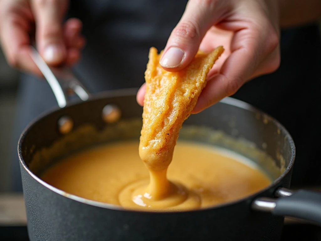 Apple wedges being coated in funnel cake batter