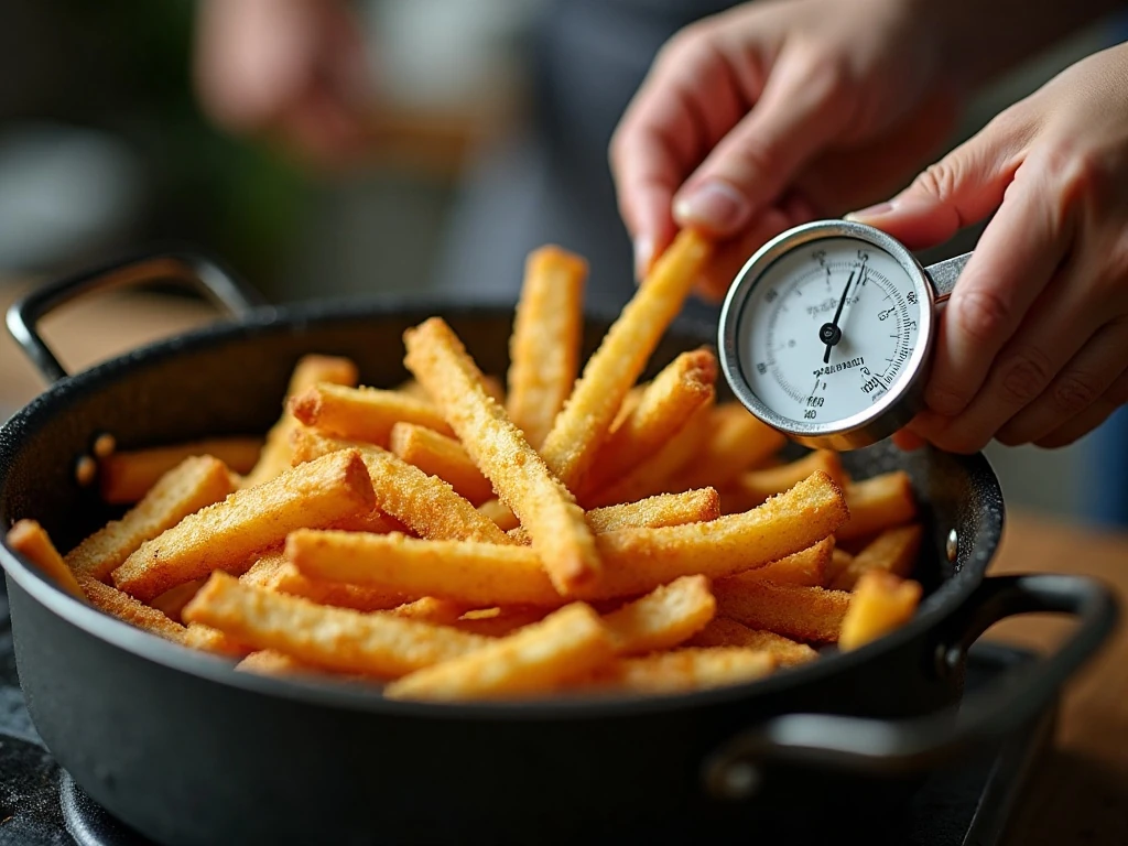 Apple fries frying at the proper oil temperature