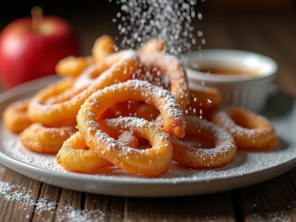 Warm apple fries finished with powdered sugar and caramel dip