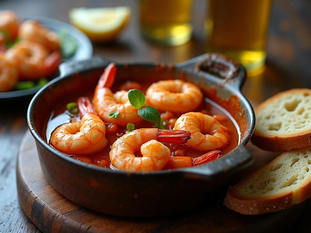 Spanish garlic shrimp served hot in a rustic cazuela with crusty bread