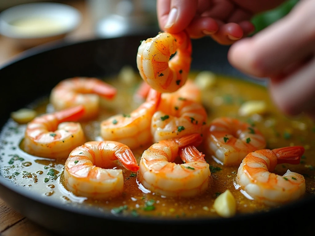 Shrimp cooking in garlic and chile infused olive oil