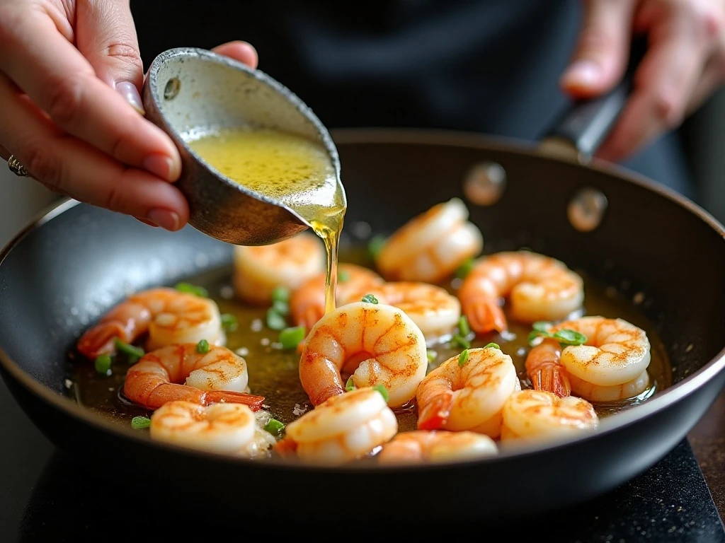 Sliced garlic gently cooking in olive oil for gambas al ajillo
