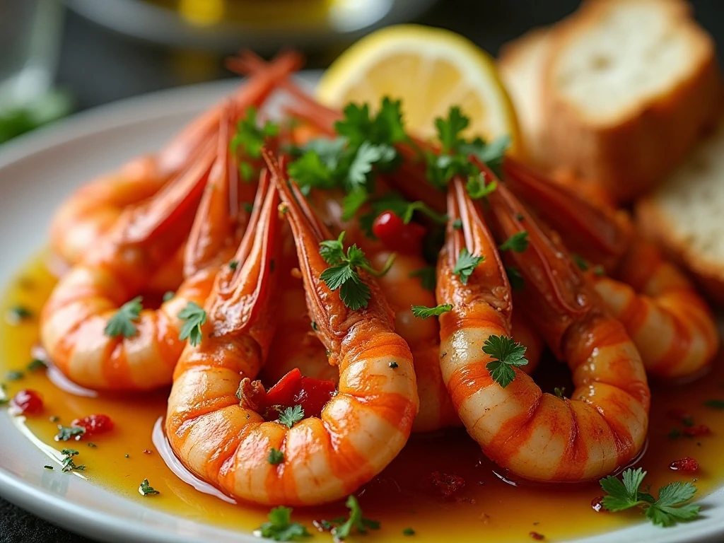 Gambas al ajillo garnished with parsley and served with lemon