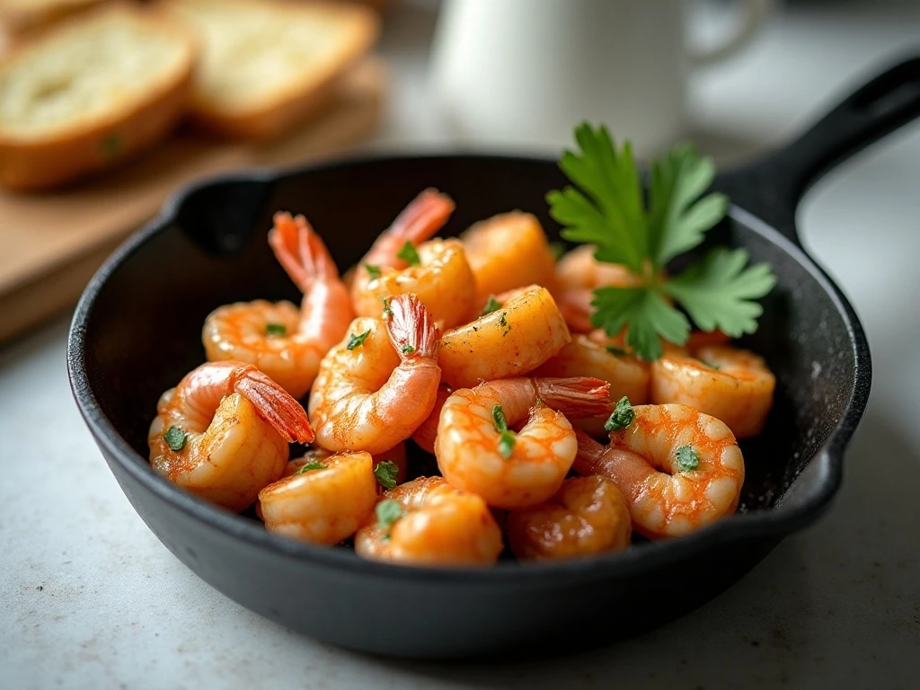A serving of garlic shrimp with bread for reheating leftovers