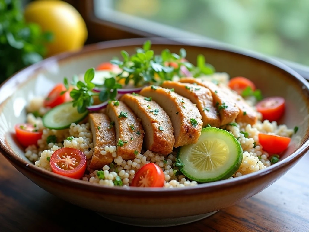 Colorful garden quinoa salad with chicken in a serving bowl
