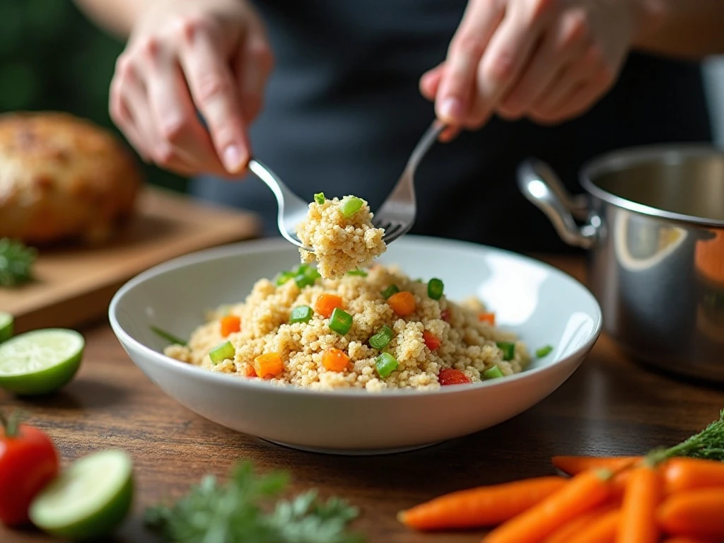 Preparing quinoa and ingredients for chicken quinoa salad