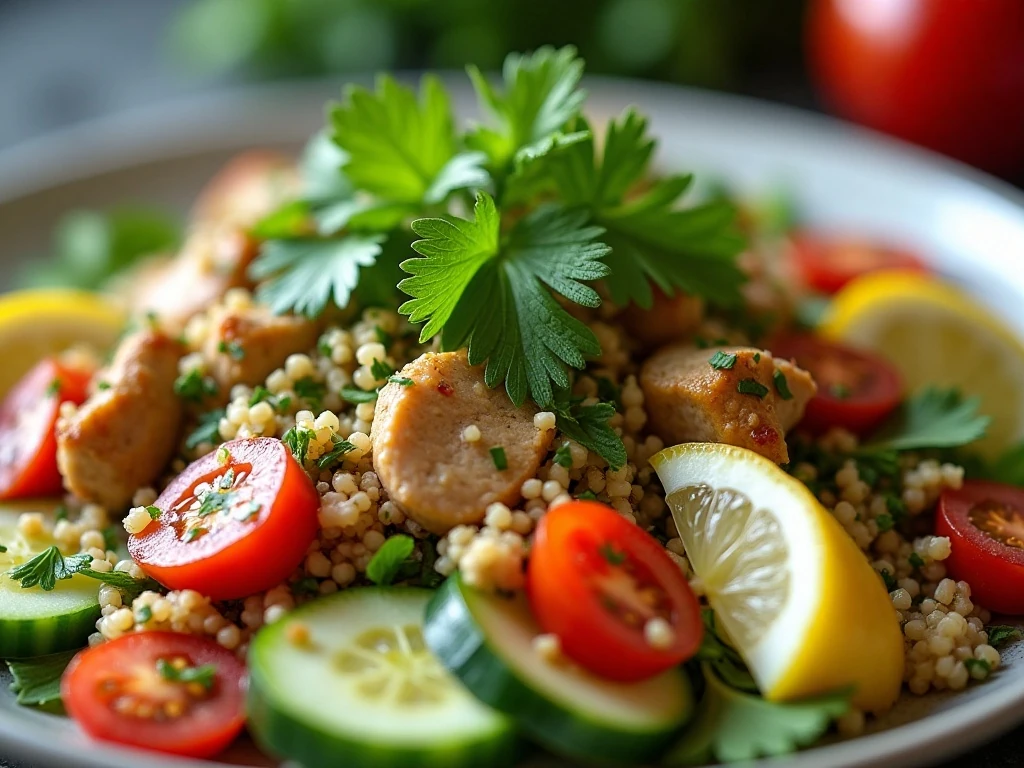 Fresh herbs garnishing chicken quinoa salad