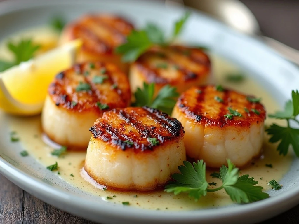 Golden garlic and butter grilled scallops arranged on a serving platter