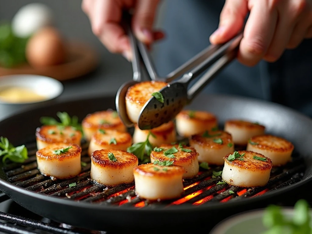 Scallops being placed on a hot grill for cooking
