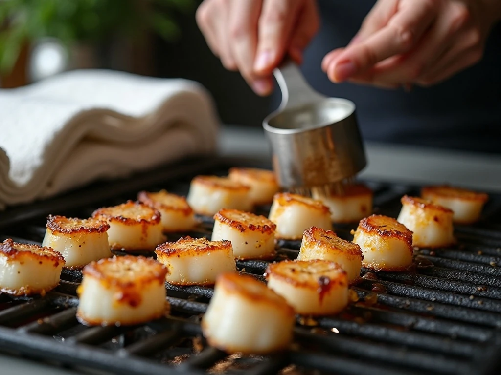 Dry sea scallops prepared for strong grill marks